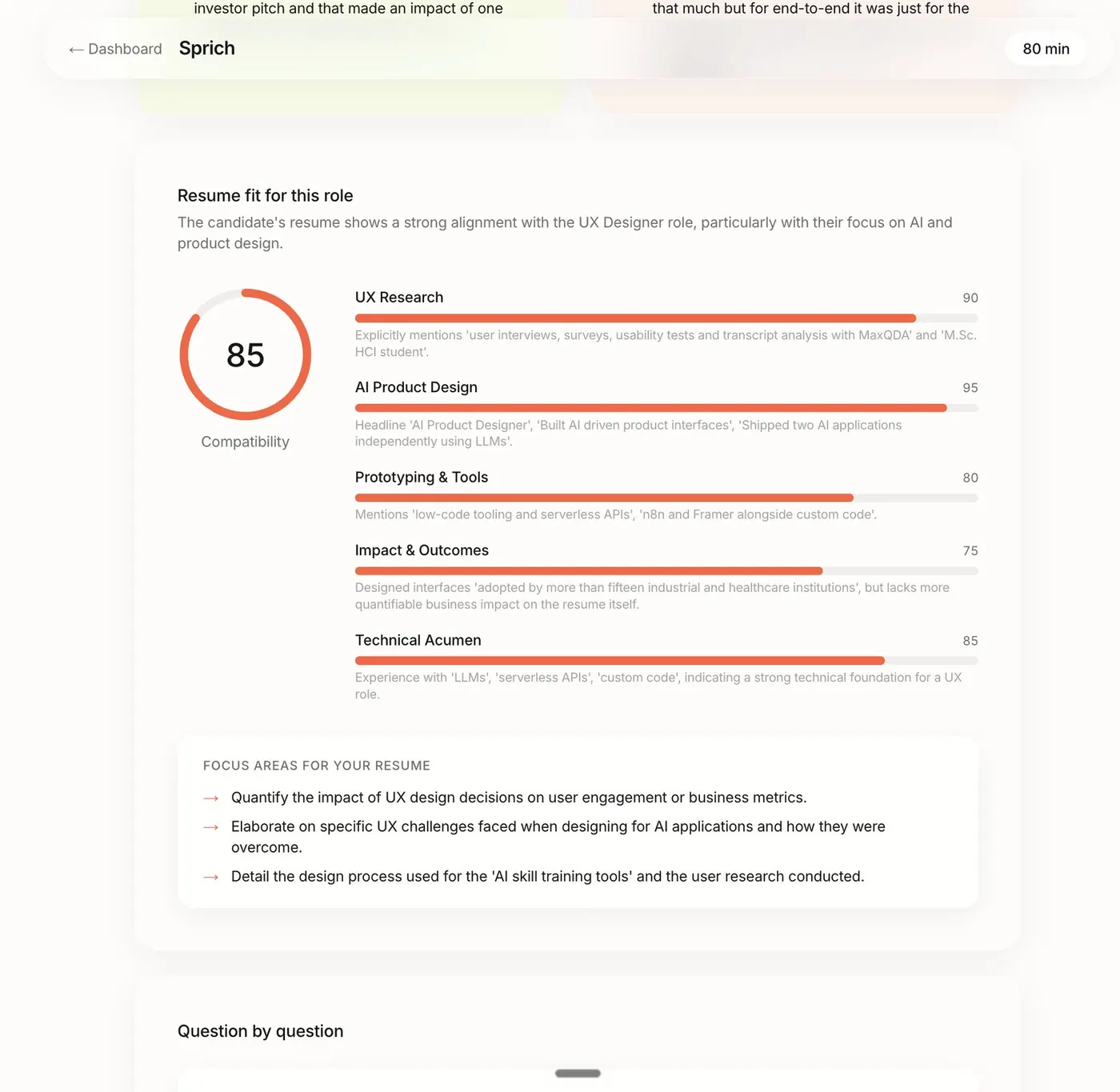 CV fit for the role, with focus areas