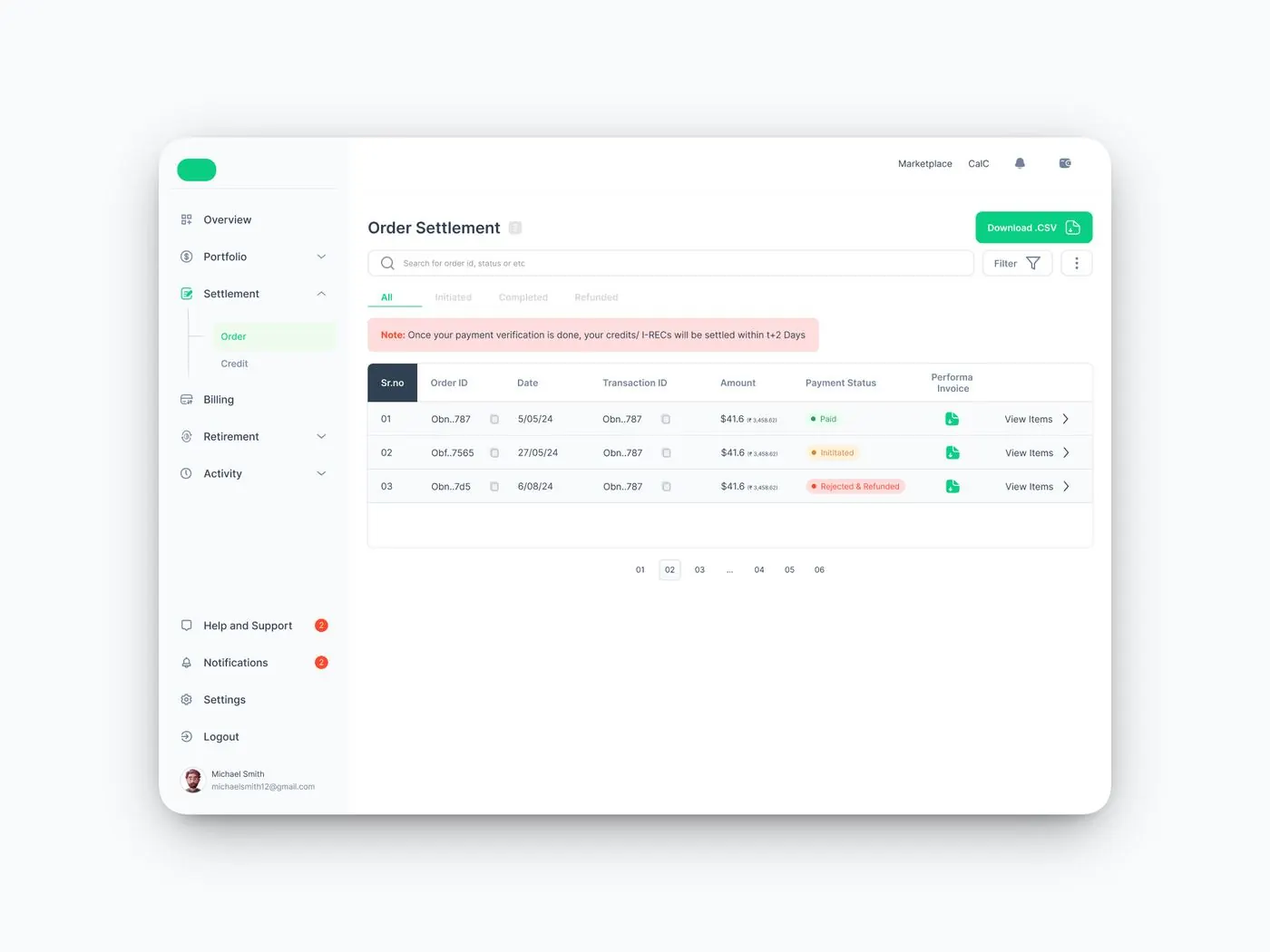 Order settlement