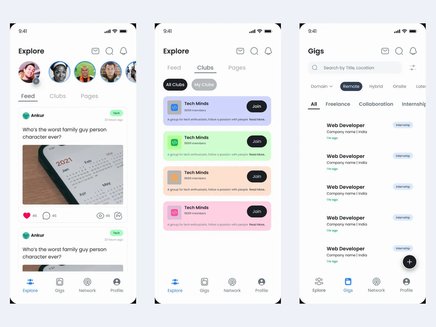 Community app: Feed, clubs and gigs